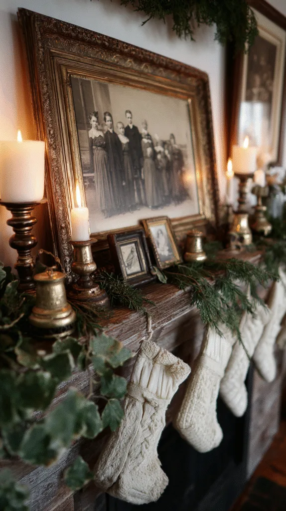 mantel decorated with old family photo in frame, vintage brass bells, stockings hanging,
