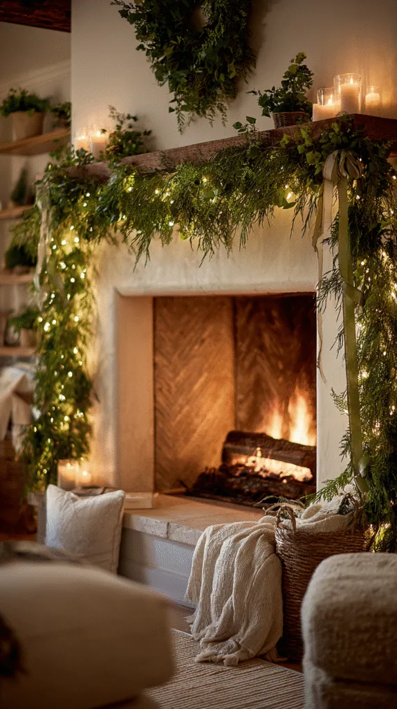 mantel decorated with pine garland hung using hidden adhesive hooks under the ledge, garland softly swaying in gentle droop, warm lights