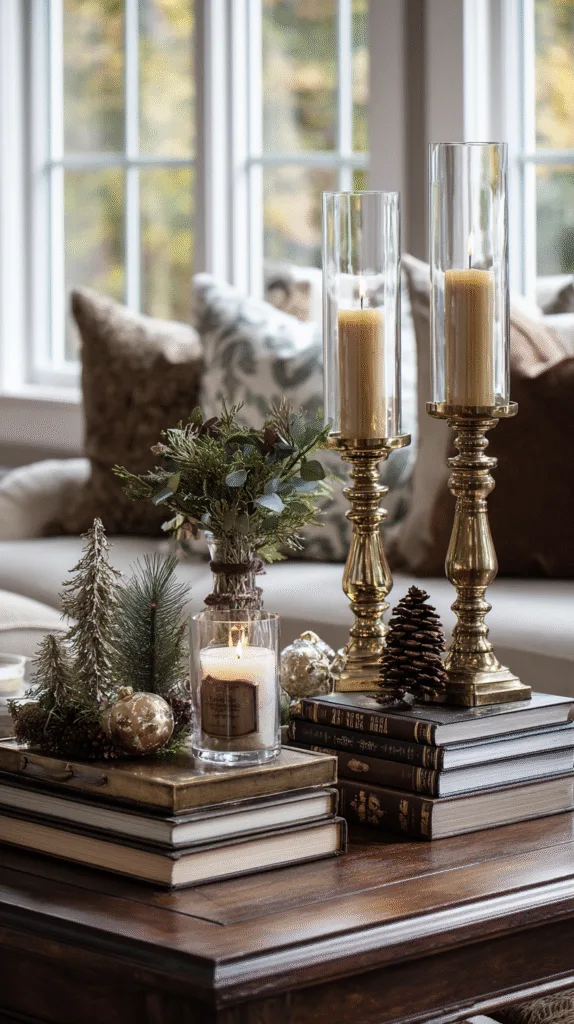 mantel decorated with tall brass candlesticks, medium glass vase, small pine sprigs and ornament