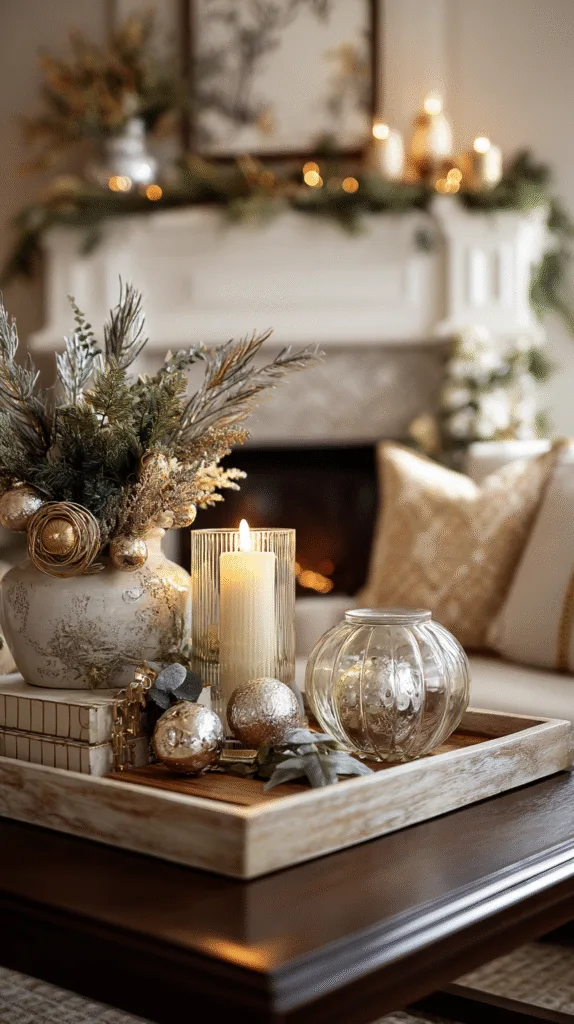 mantel with subtle metallic accents, gold candle holders and silver bells among greenery