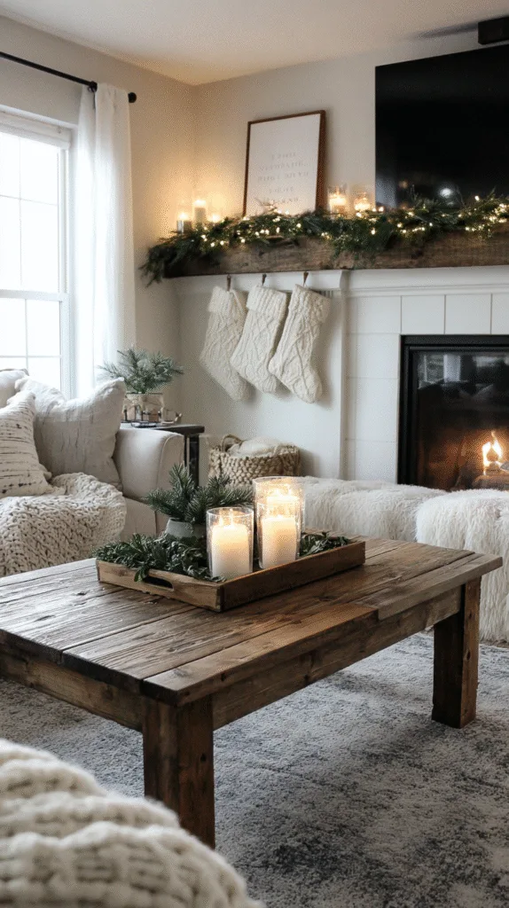 minimal rustic living room, coffee table with single tray of candles and greenery