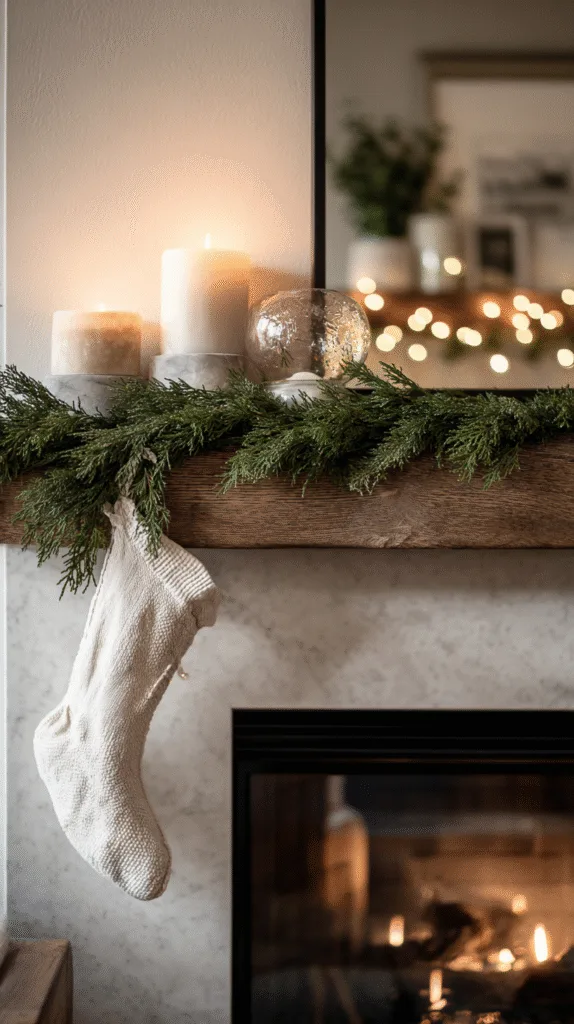 minimalist christmas mantel with cedar garland, two candles, single stocking, glass ornament bowl,