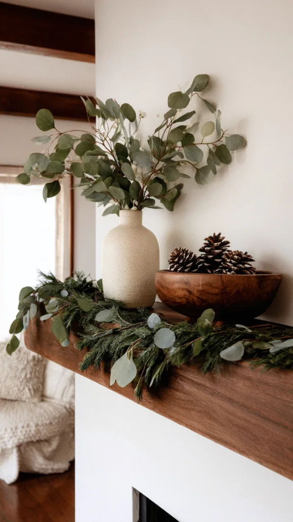 minimalist living room mantel with cedar garland, eucalyptus stems in vase, pinecones in wooden bowl
