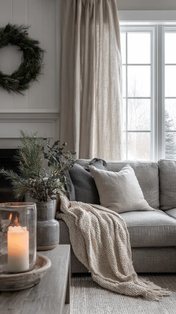 modern cozy living room styled for christmas 2025, warm minimalist style, soft gray sofa