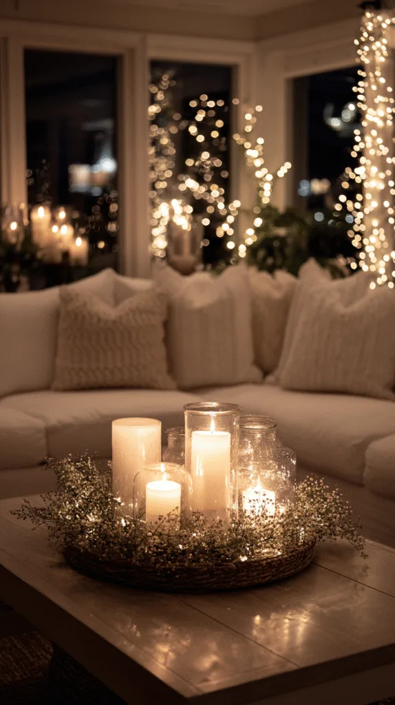 modern farmhouse living room at night, soft warm christmas lighting, fairy lights in garland,
