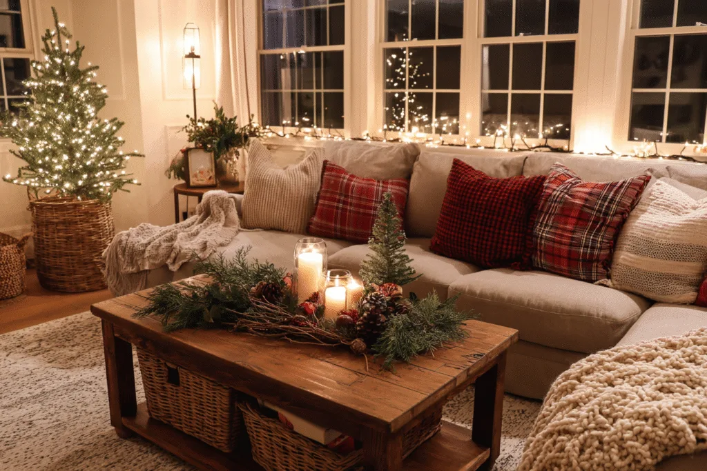 modern farmhouse living room decorated for Christmas on a budget, warm glow from string lights and candles