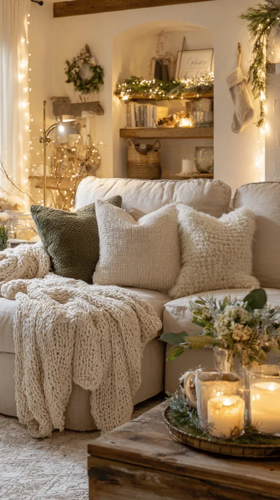 With warm white string lights, soft neutral palette with green accents, natural pine greenery, knit throw blankets, glowing candles, thrifted holiday decor, textured fabrics, a real home with imperfect charm.