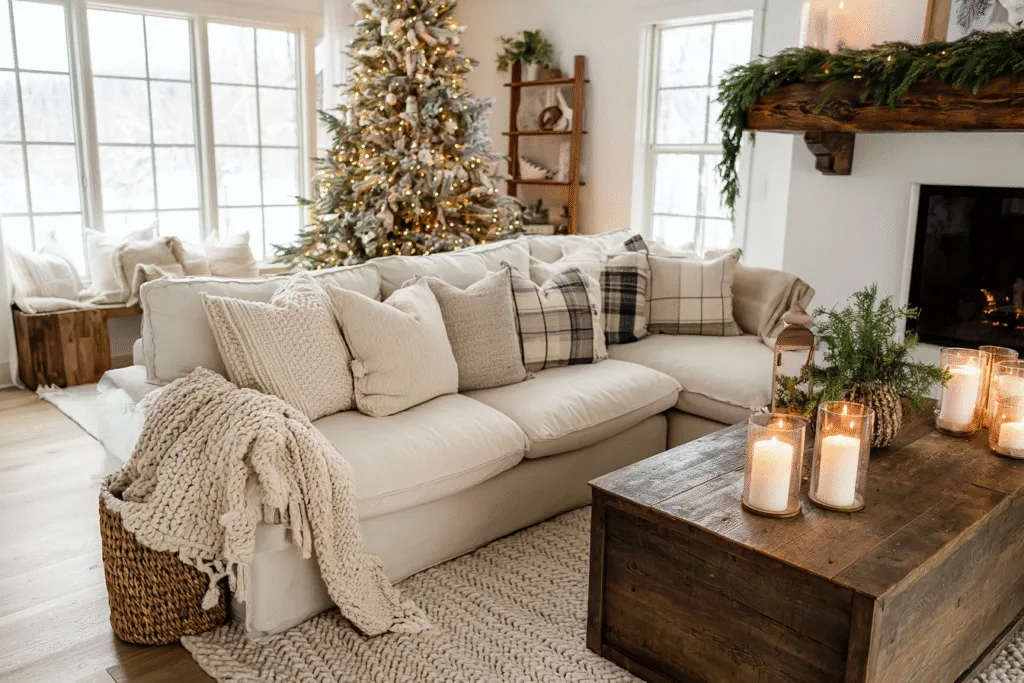 modern farmhouse living room decorated for christmas