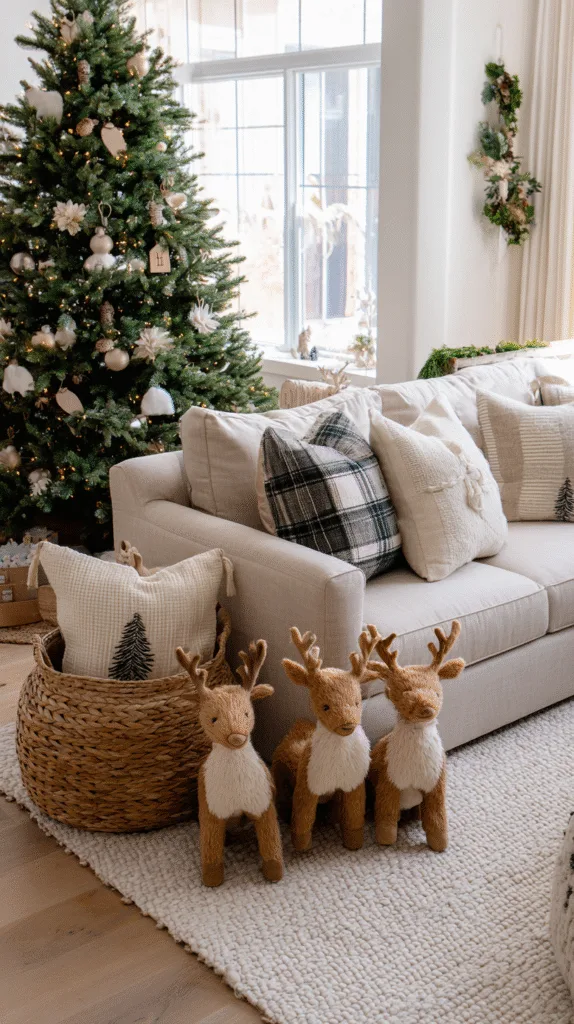 modern farmhouse living room decorated for christmas with kids, felt ornaments