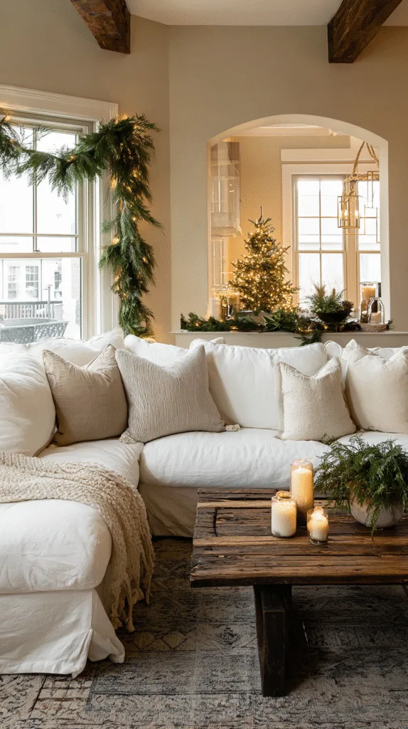 neutral modern farmhouse living room christmas scene, white slipcovered sofa