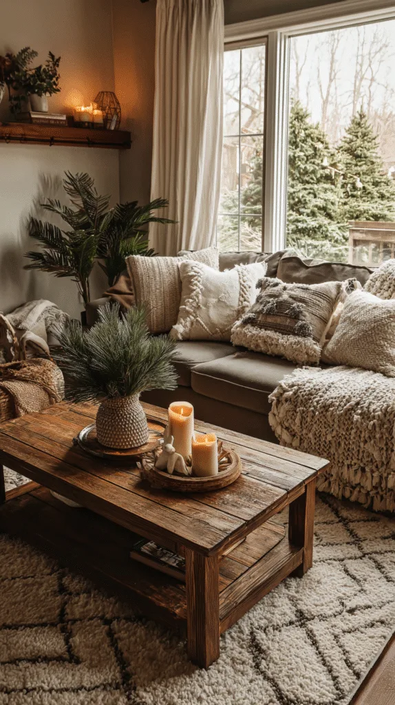 organized rustic living room with minimal christmas decor, pine branches in vase, cozy textiles, candles on shelf, open walking space, warm tones, real-life home