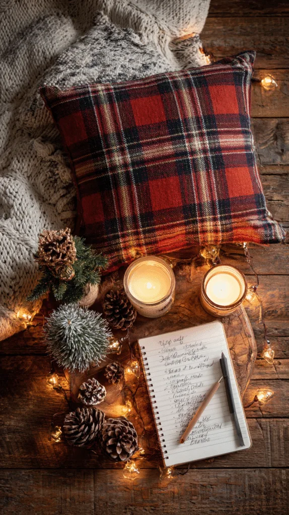 overhead flat-lay of cozy Christmas items: plaid pillow, pinecones, candles, mini tree, lights, notebook with handwritten budget list, warm wood background, soft daylight
