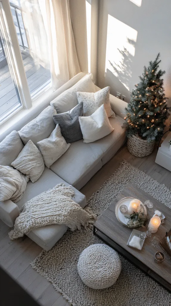 overhead shot of cozy minimalist living room mid-reset, folded throws, candles, small tree with lights,