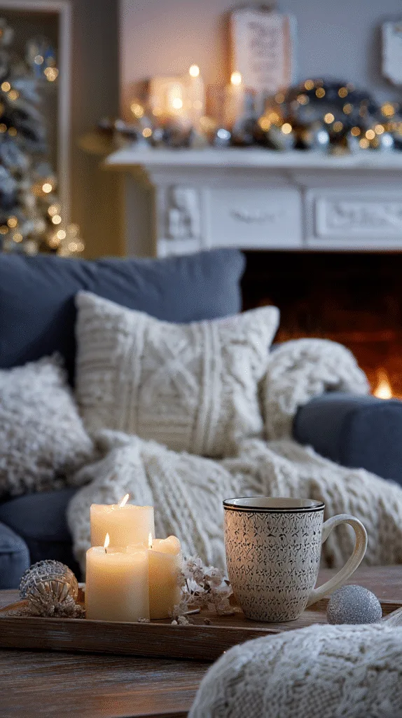 peaceful christmas evening living room, candles glowing, fireplace mantel decorated simply