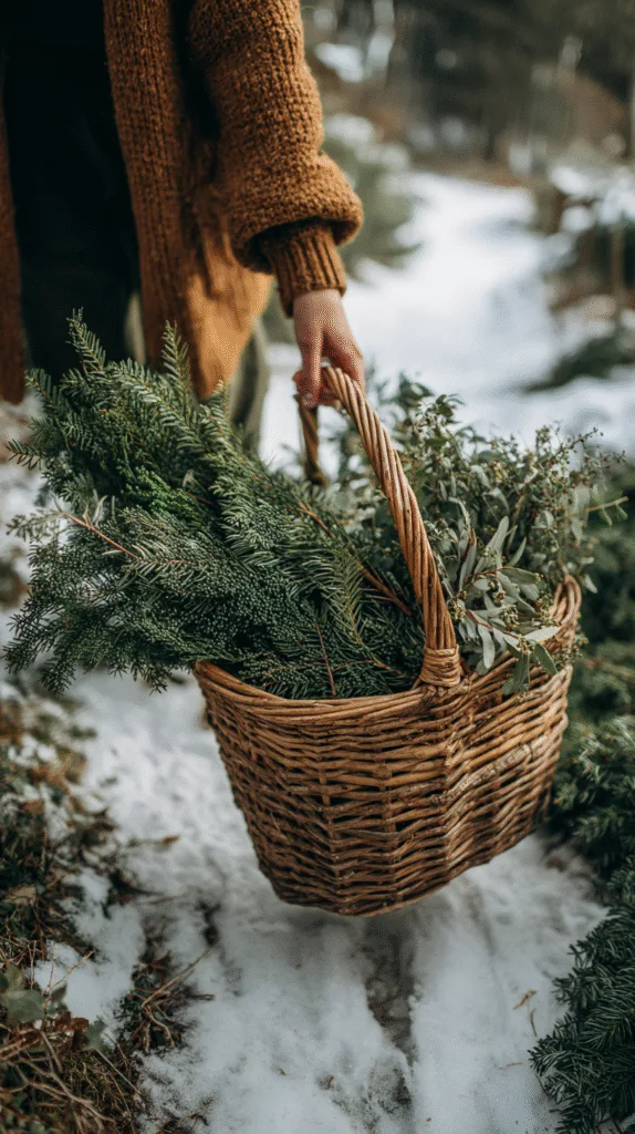 person clipping pine branches outside home, wicker basket filled with cedar and eucalyptus,