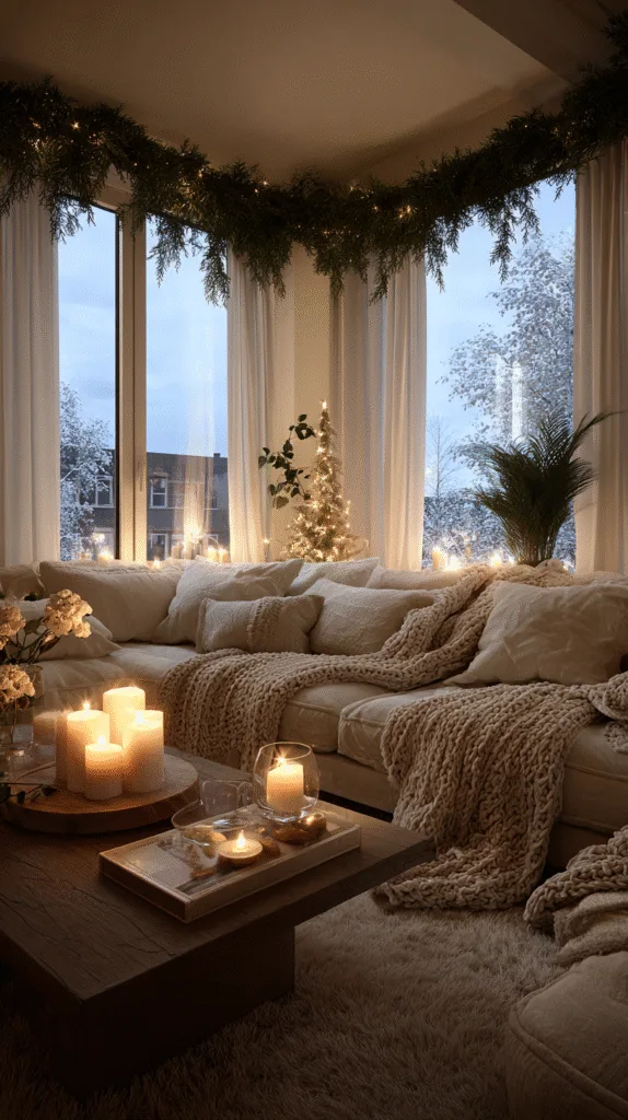 post-Christmas cozy living room with cedar garland still up, candles glowing, soft blankets on sofa