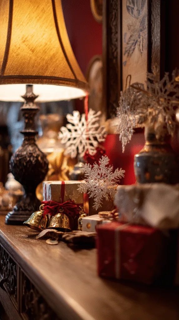 real home details of Christmas decor—bells on doorknob, ribbon tied on lamp base, small wrapped boxes