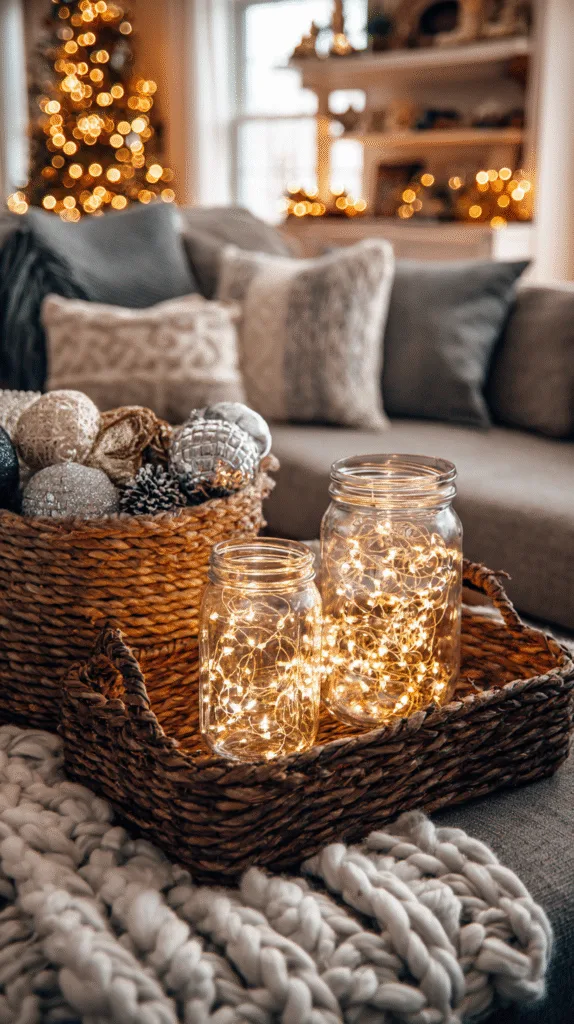 real-life living room scene with cozy Christmas touches made from everyday items, mason jars filled with string lights