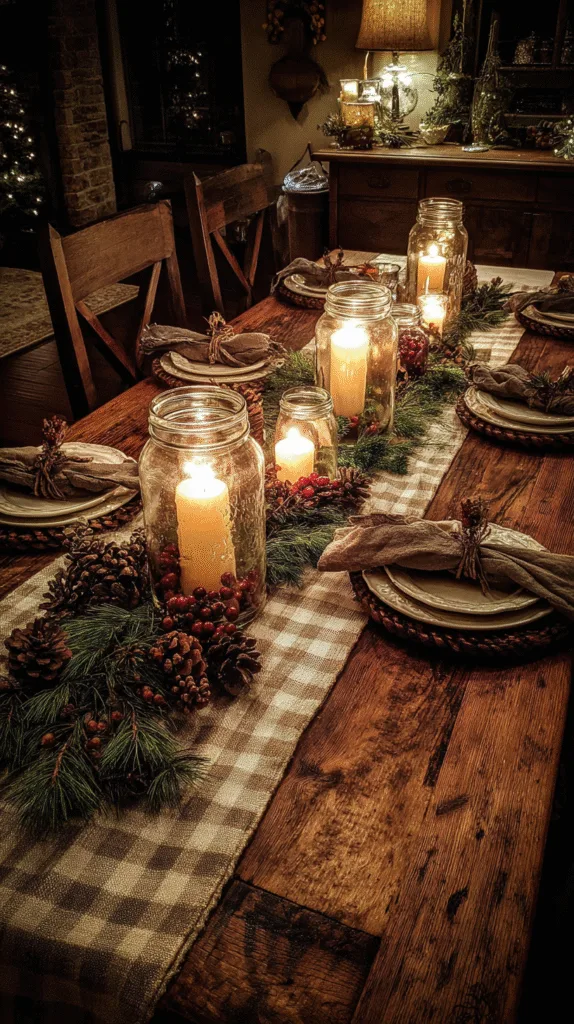 rustic dining table with evergreen runner, candles in glass jars, pinecones and cranberries scattered, warm candlelight, cozy and natural atmosphere,