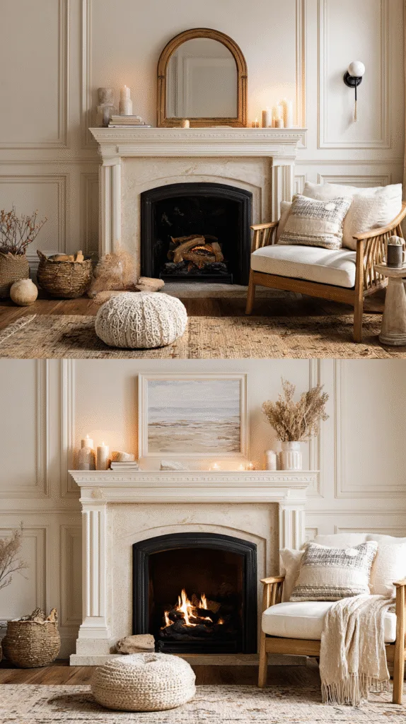 side-by-side view showing cluttered mantel vs clean balanced mantel, cozy real home