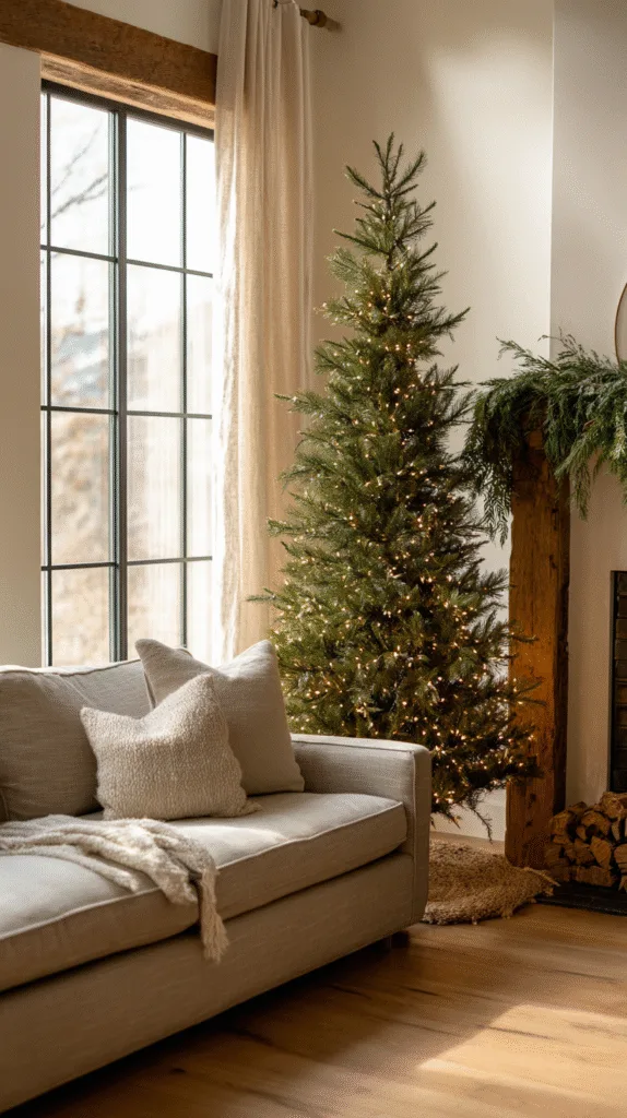 simple christmas tree with no ornaments, wrapped in warm white fairy lights