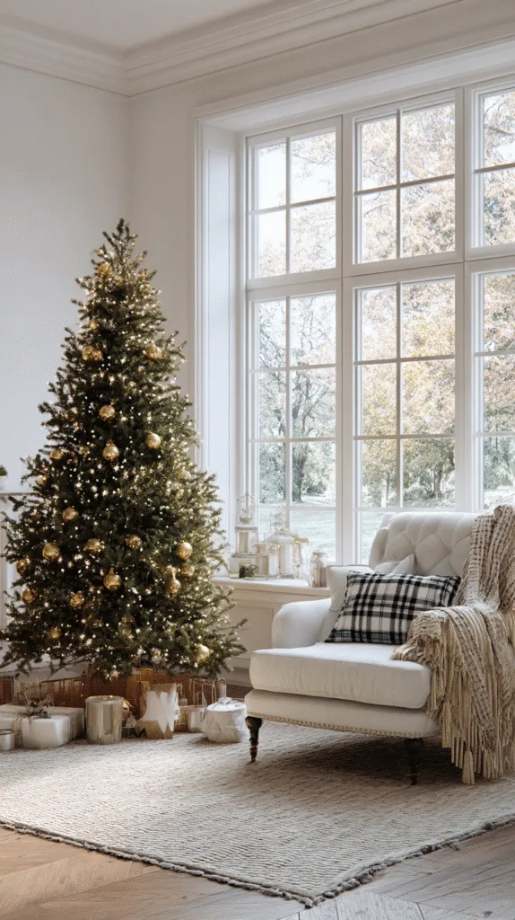simple living room with tasteful Christmas decor, showing contrast between classic timeless pieces and trendy clutter on the floor, natural lighting, educational but cozy tone