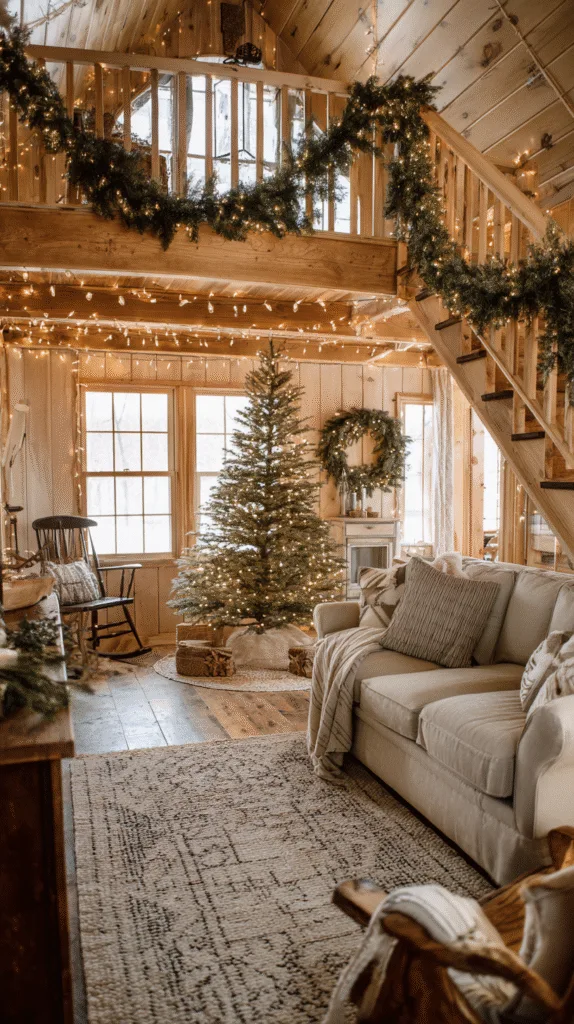 small cozy farmhouse living room, narrow alpine christmas tree in corner, wreaths on windows
