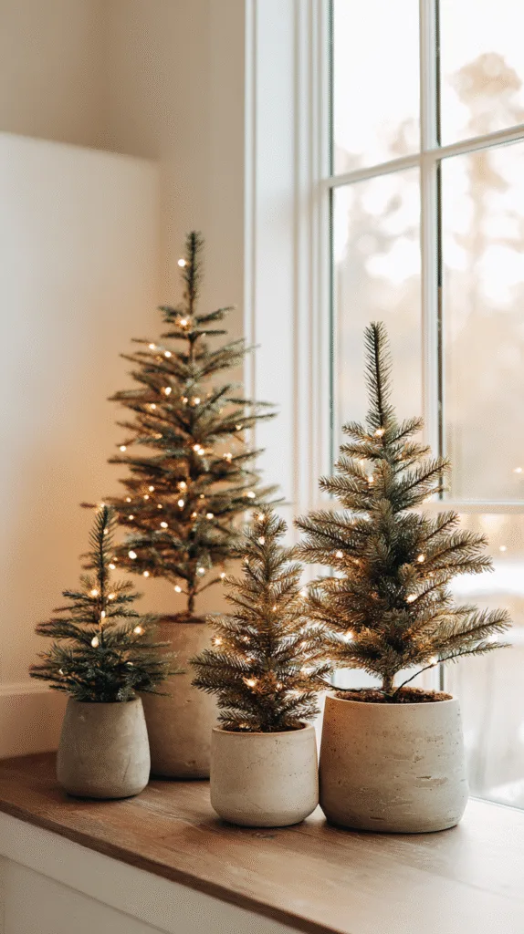 small tabletop christmas trees in simple pots, minimalist living room corner, white walls, warm wood furniture
