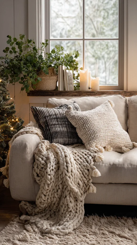 sofa covered in soft winter blankets, chunky knit throw, tasseled pillows, neutral layered textures