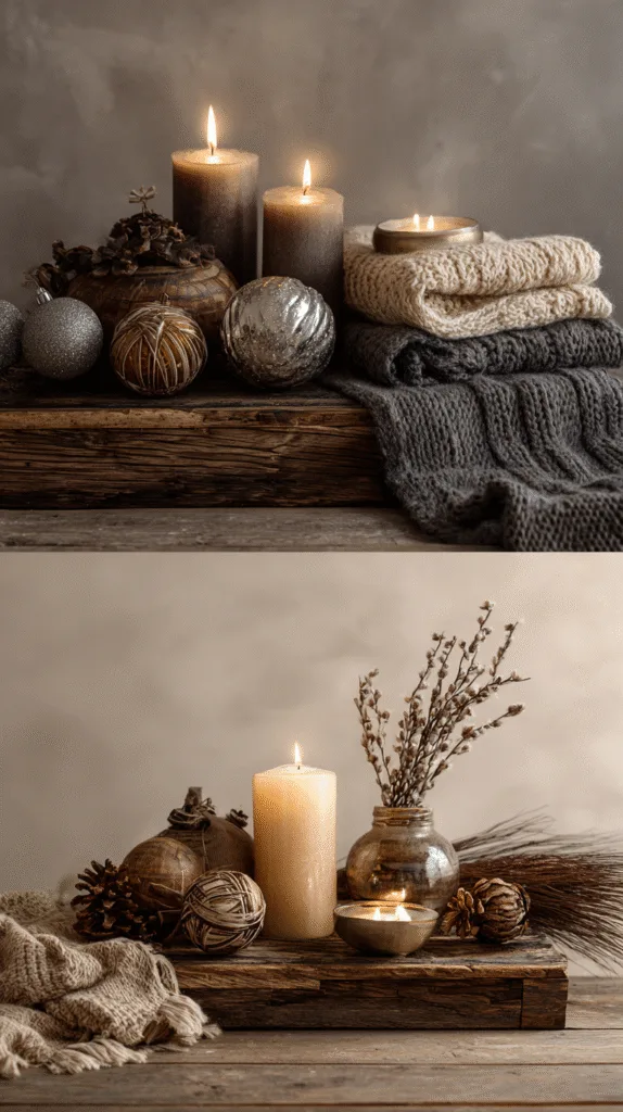 split scene showing cluttered christmas decor on one side and simple rustic natural setup on the other, cozy neutral background, warm home lighting