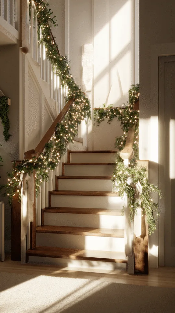 staircase with garland secured using neutral-colored zip ties and soft ribbon ties, greenery draped in gentle swag