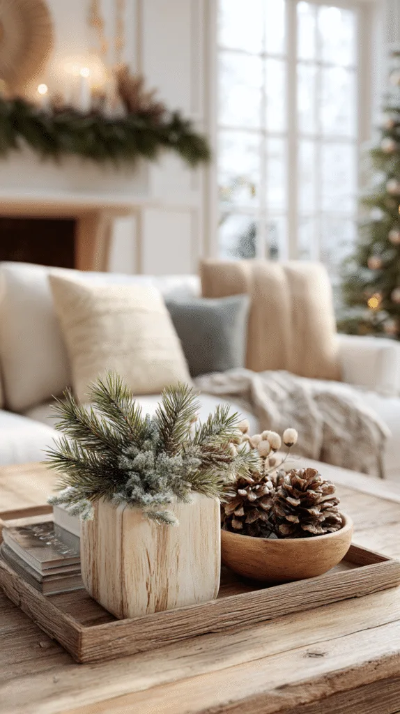 vase with real cedar branches on coffee table, pinecones in a wooden bowl, soft greenery garland along mantel
