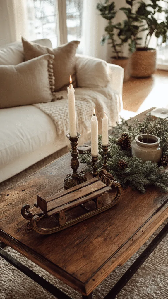 vintage brass candleholder and antique sled decor on coffee table, pine garland nearby, warm