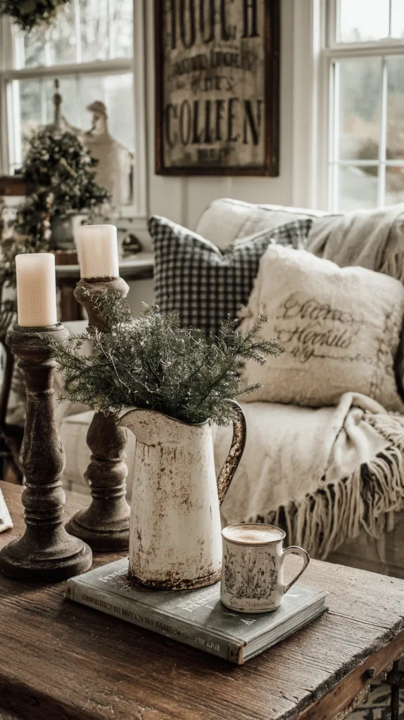 vintage farmhouse living room corner with old milk jug holding greenery
