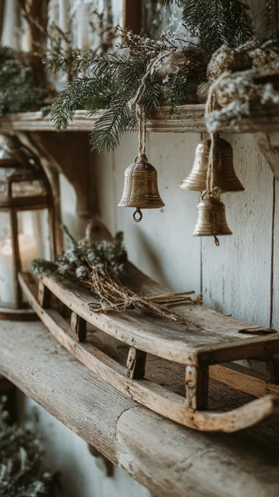 vintage sled leaned against wall, pine branches tucked behind, brass bells hanging from driftwood, soft light on rustic shelf, cozy natural christmas setup