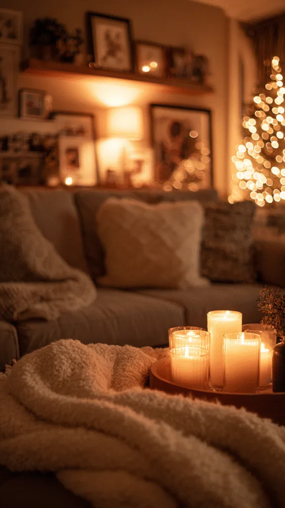 warm glowing living room with candles lit, soft blanket on couch, faint Christmas tree lights in background