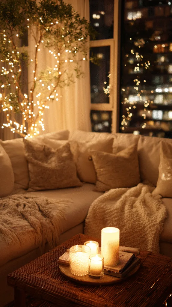 warm white string lights draped gently on small tree, cluster of pillar candles on coffee table